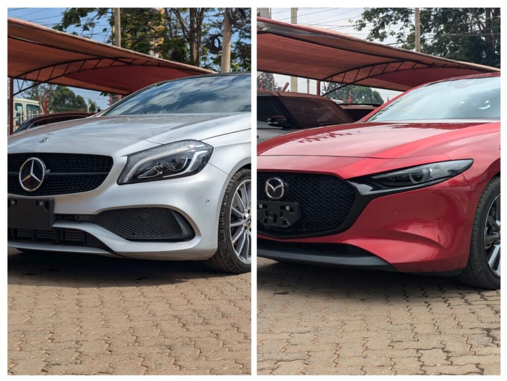 Mazda 3 Hatchback and Mercedes-Benz A180 side by side on a Nairobi road – compact luxury and performance cars comparison in Kenya by Axis Motors Limited