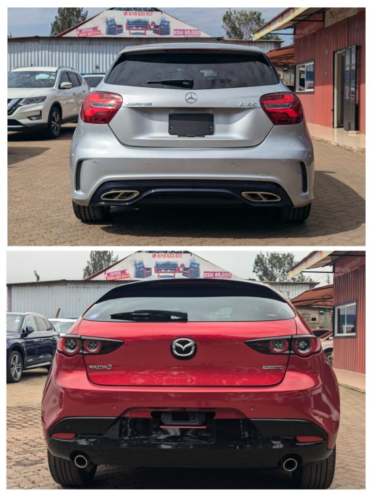 Mazda 3 Hatchback and Mercedes-Benz A180 side by side on a Nairobi road – compact luxury and performance cars comparison in Kenya by Axis Motors Limited