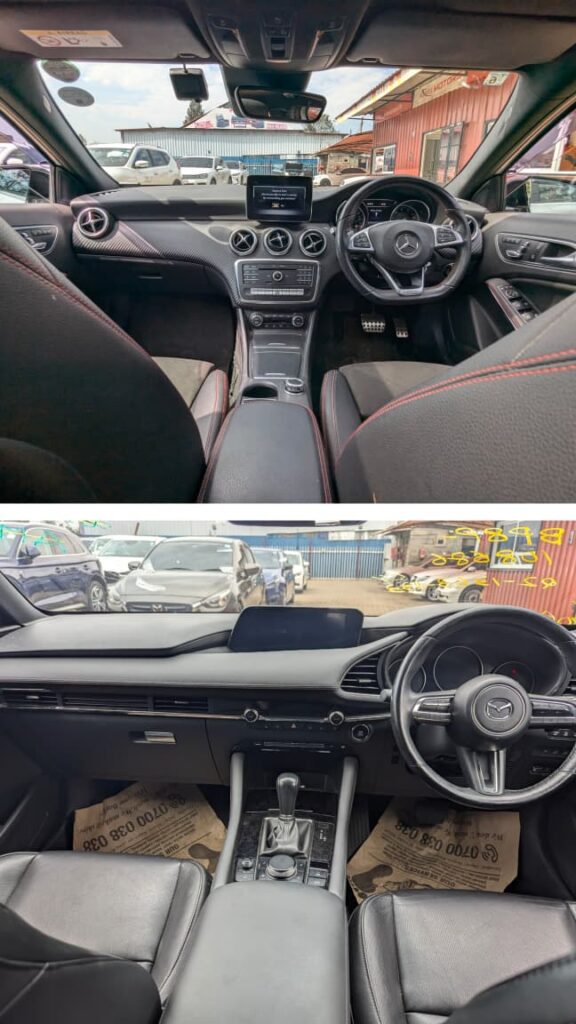 Mazda 3 Hatchback and Mercedes-Benz A180 side by side on a Nairobi road – compact luxury and performance cars comparison in Kenya by Axis Motors Limited